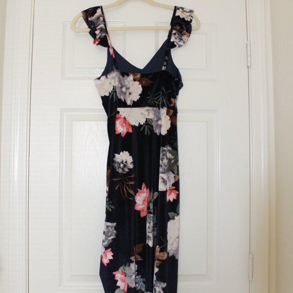 Floral Ruffle Strap Velour Midi Dress